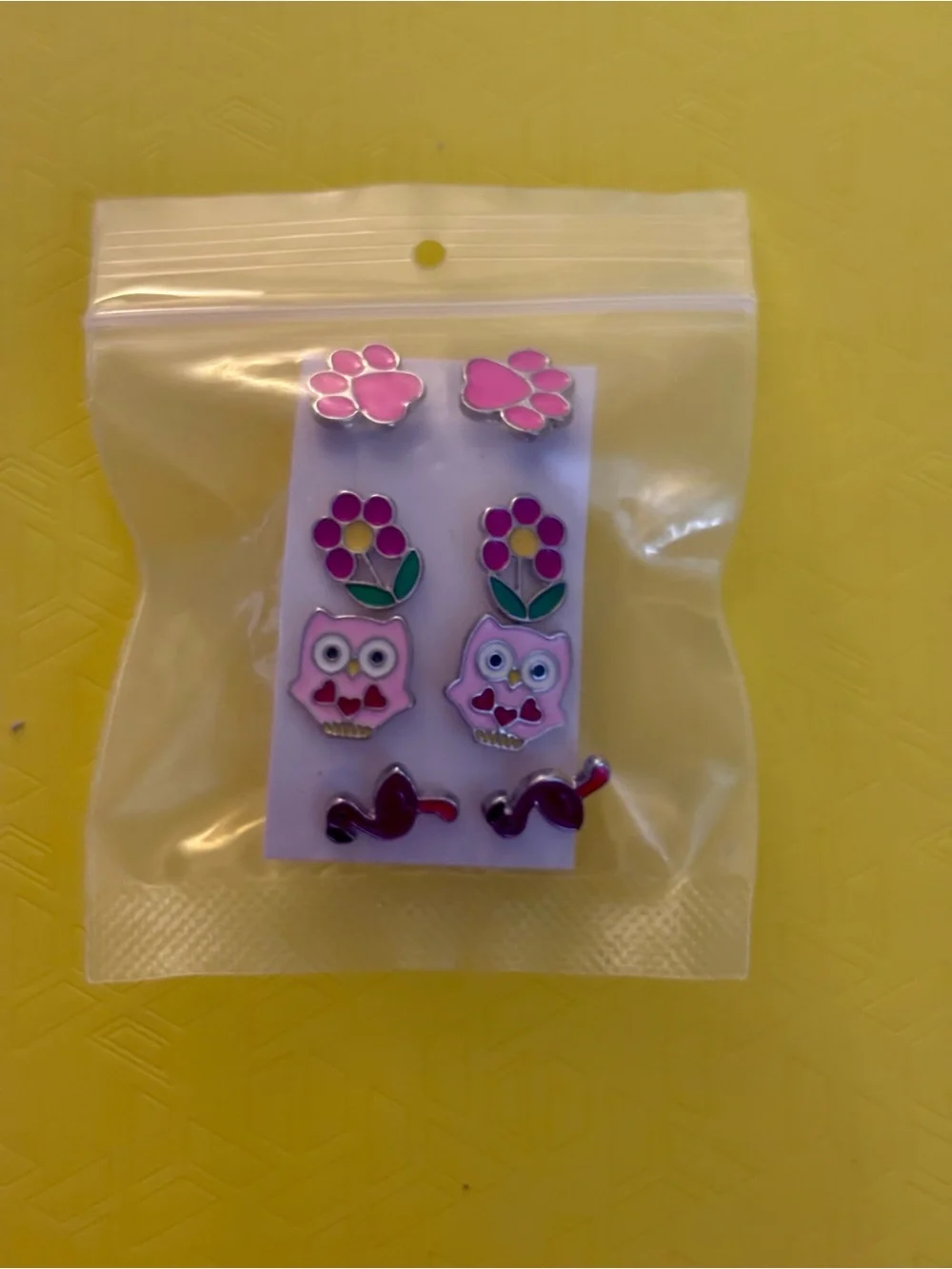 Kids Pink Owl, Paw & Flower Stud Earring Set Hypoallergenic